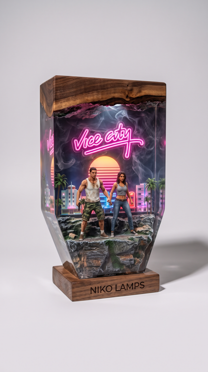 Vice City Resin Lamp — Handmade Walnut & Neon Night Light