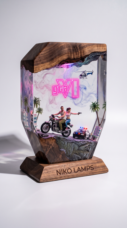 Vice City Resin Lamp — Handmade Walnut & Neon Night Light