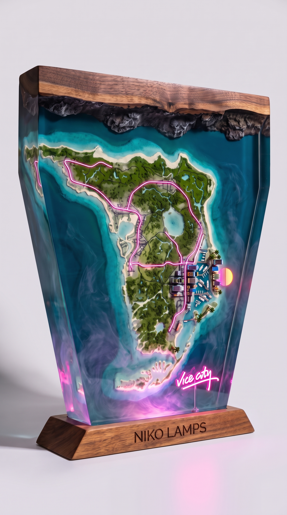 Vice City Resin Lamp — Handmade Walnut & Neon Night Light