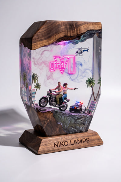 Niko Lamps Vice City Resin Lamp — GTA VI Chase scene, walnut base, neon lit
