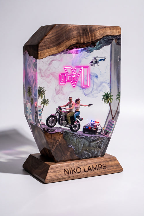 Vice City Resin Lamp — Handmade Walnut & Neon Night Light