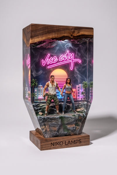 Niko Lamps Vice City Resin Lamp — Vice City Duo scene, walnut base, neon lit