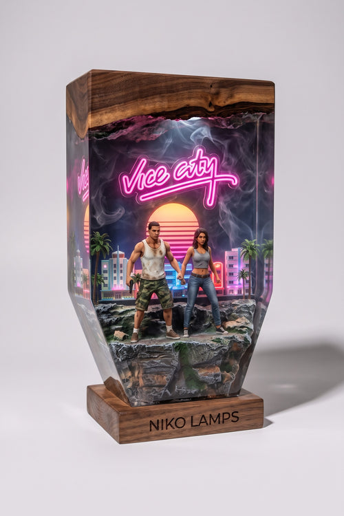 Vice City Resin Lamp — Handmade Walnut & Neon Night Light