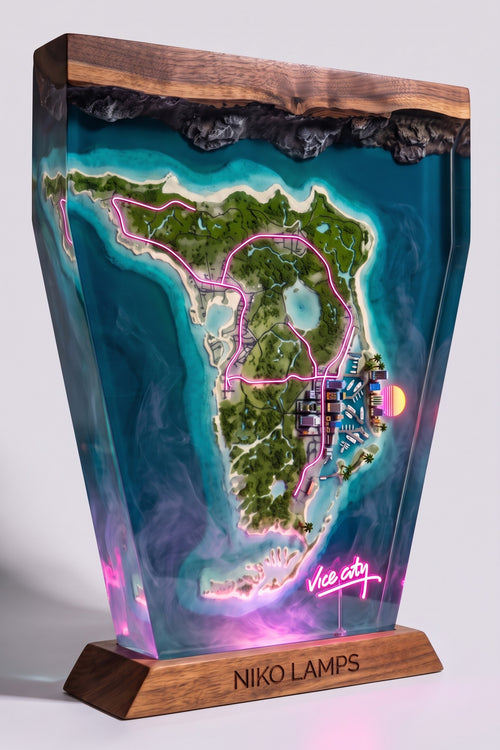 Vice City Resin Lamp — Handmade Walnut & Neon Night Light